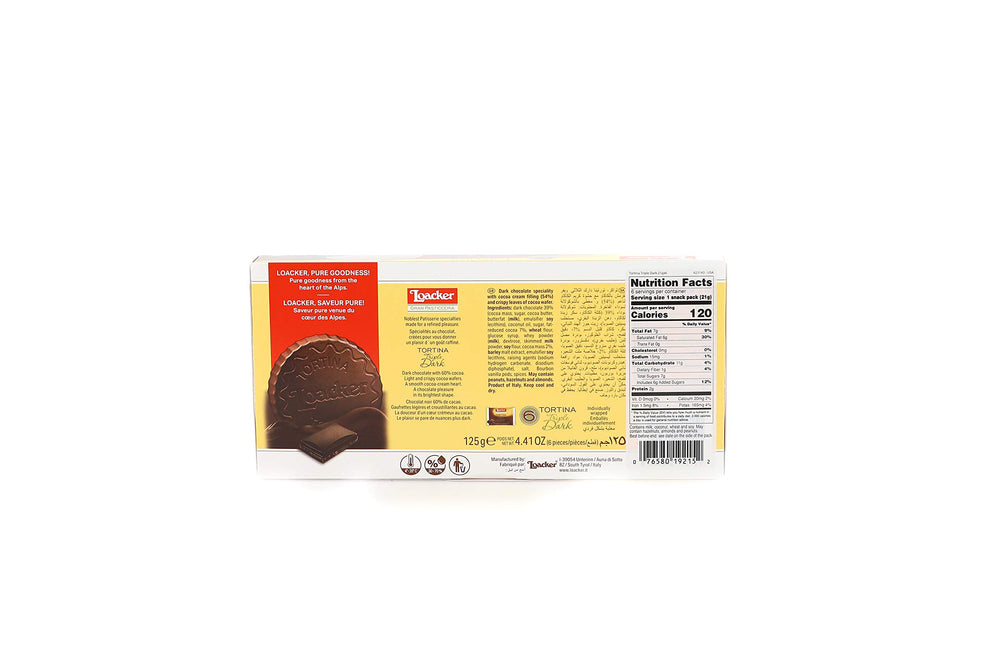 Loacker Gran Pasticceria Tortina Triple Dark cross-section view, showing two wafers and cocoa cream.