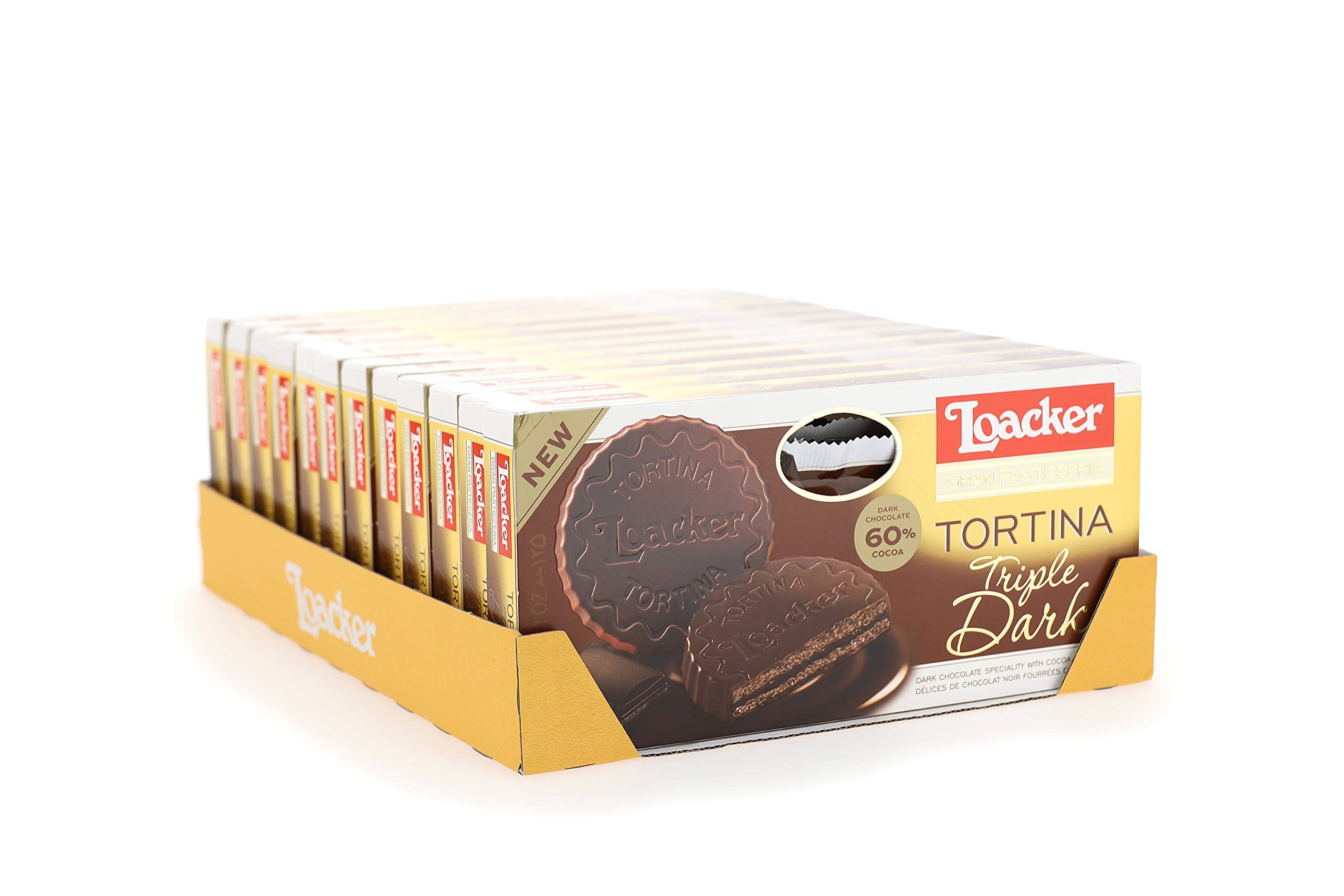 Loacker Gran Pasticceria Tortina Triple Dark pack shot on neutral background.