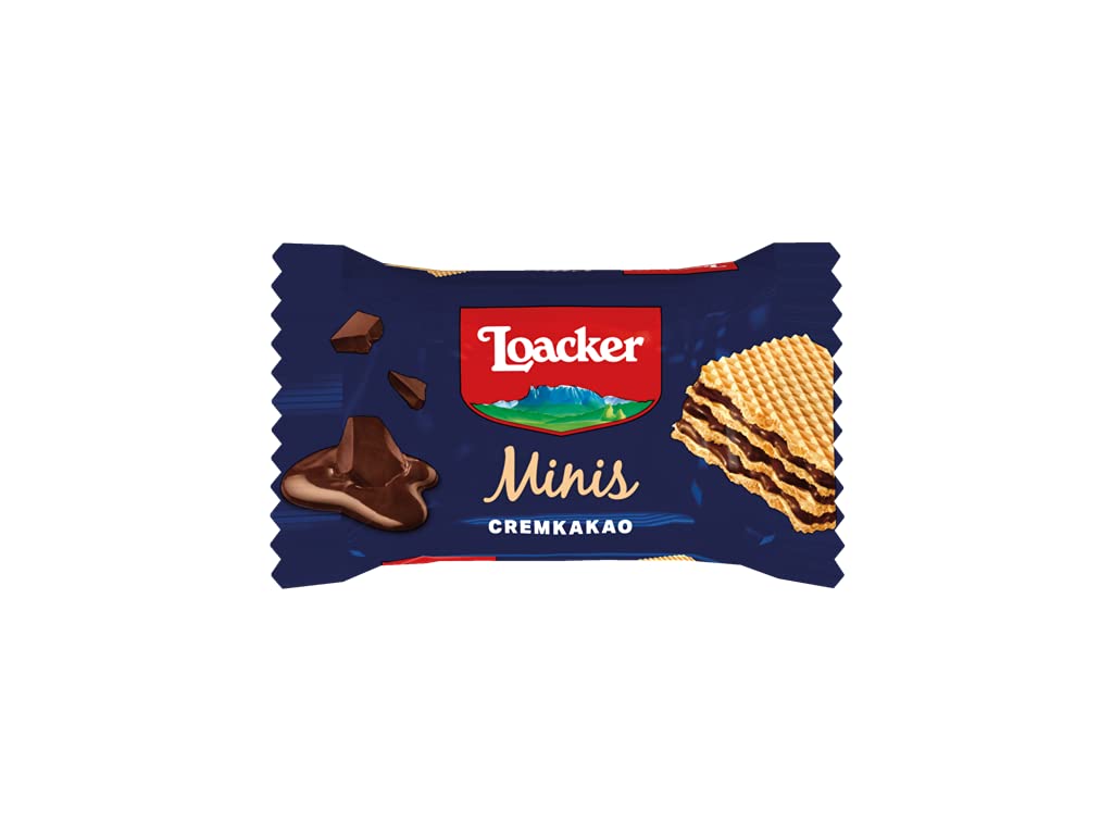 Loacker Minis assorted flavours closeup, highlighting chocolate and caramel options for snacking.