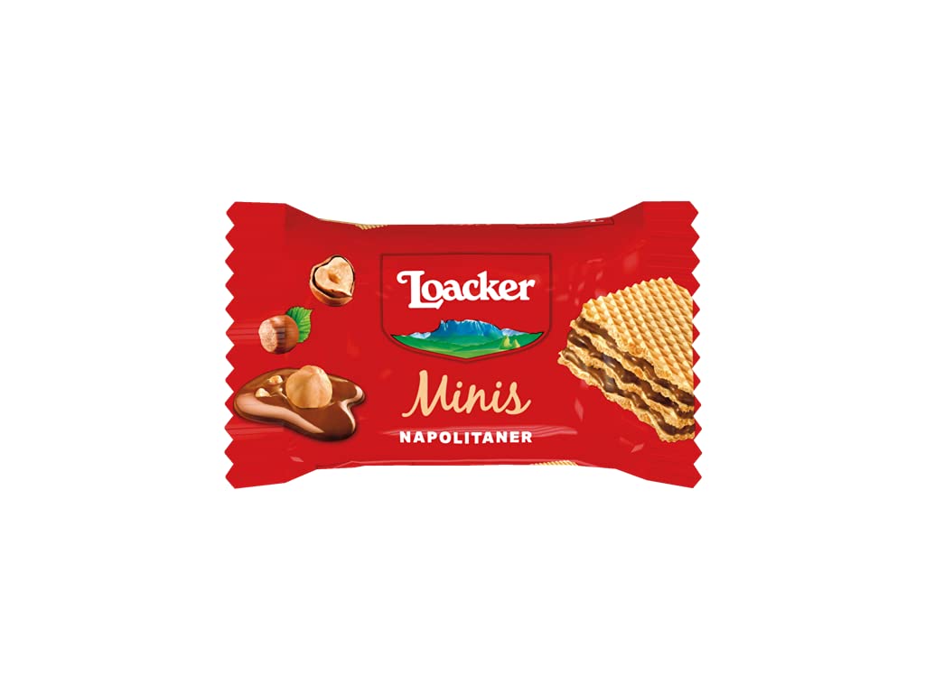 Loacker Minis chocolate flavour wafer bite closeup, a rich treat for dessert cravings.