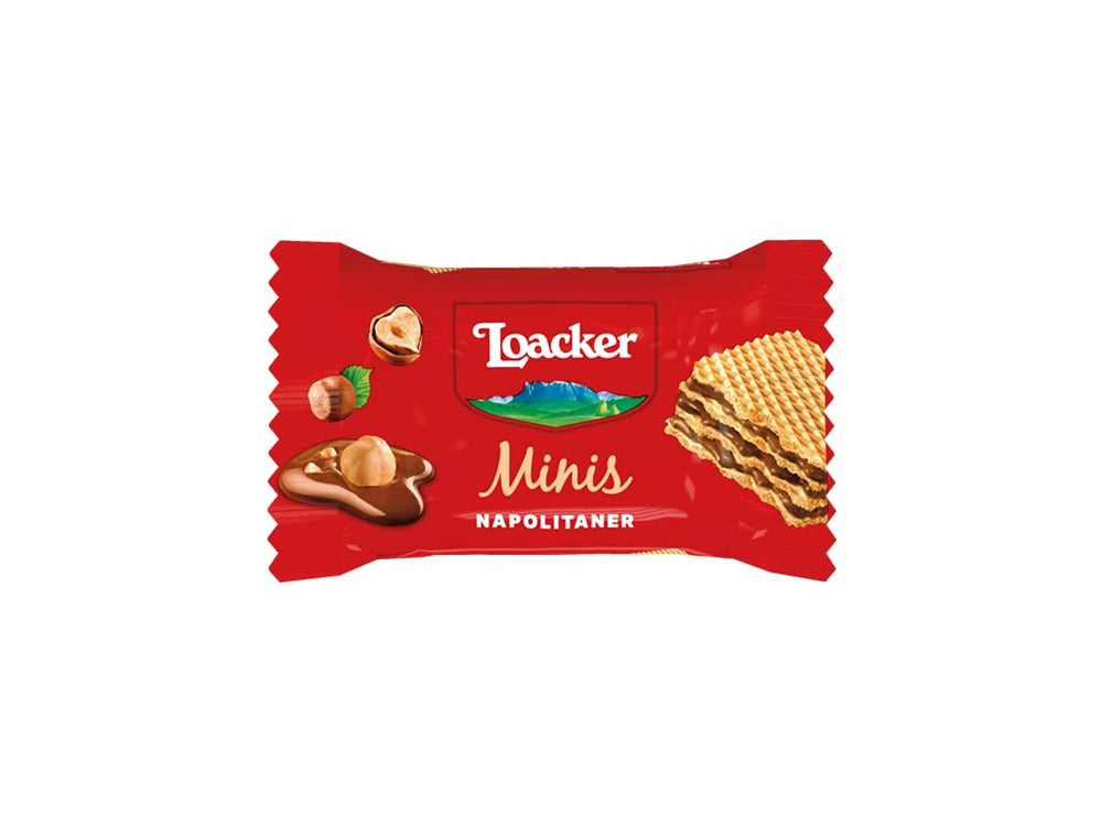 Loacker Minis chocolate flavour wafer bite closeup, a rich treat for dessert cravings.