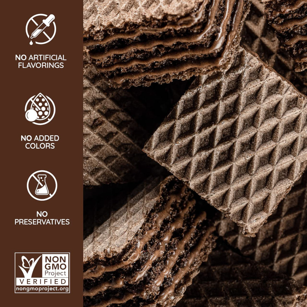 Loacker Quadratini Double Choc cross-section with crisp wafers and cocoa cream