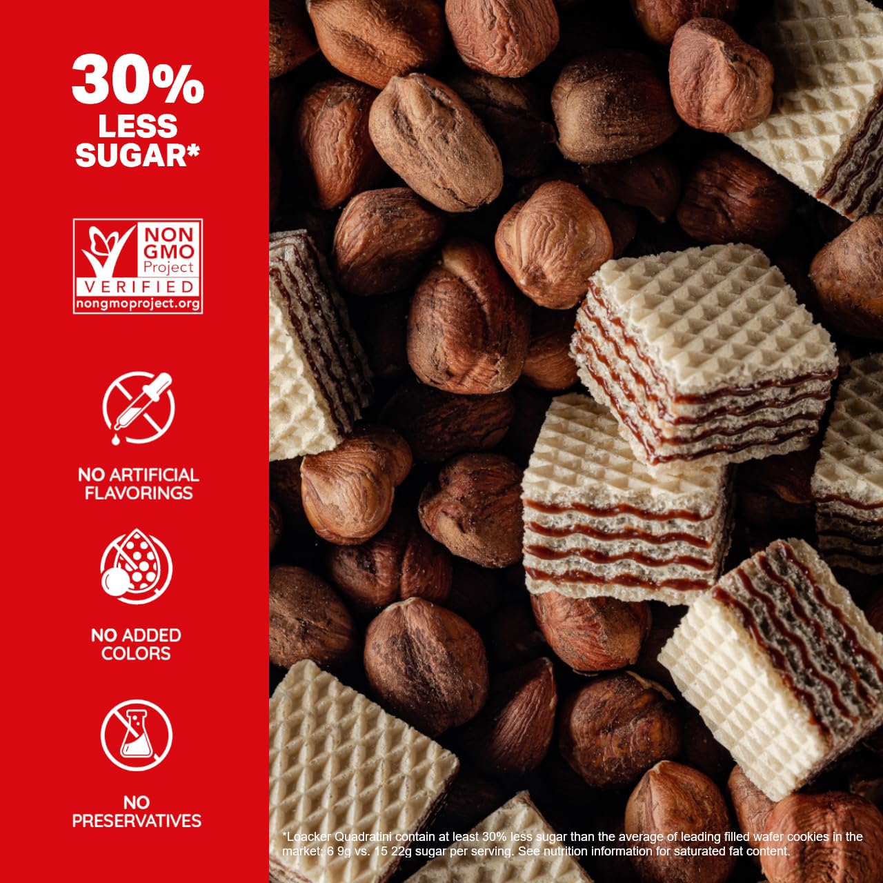 Loacker Quadratini Hazelnut wafers in package with 30% less sugar claim.