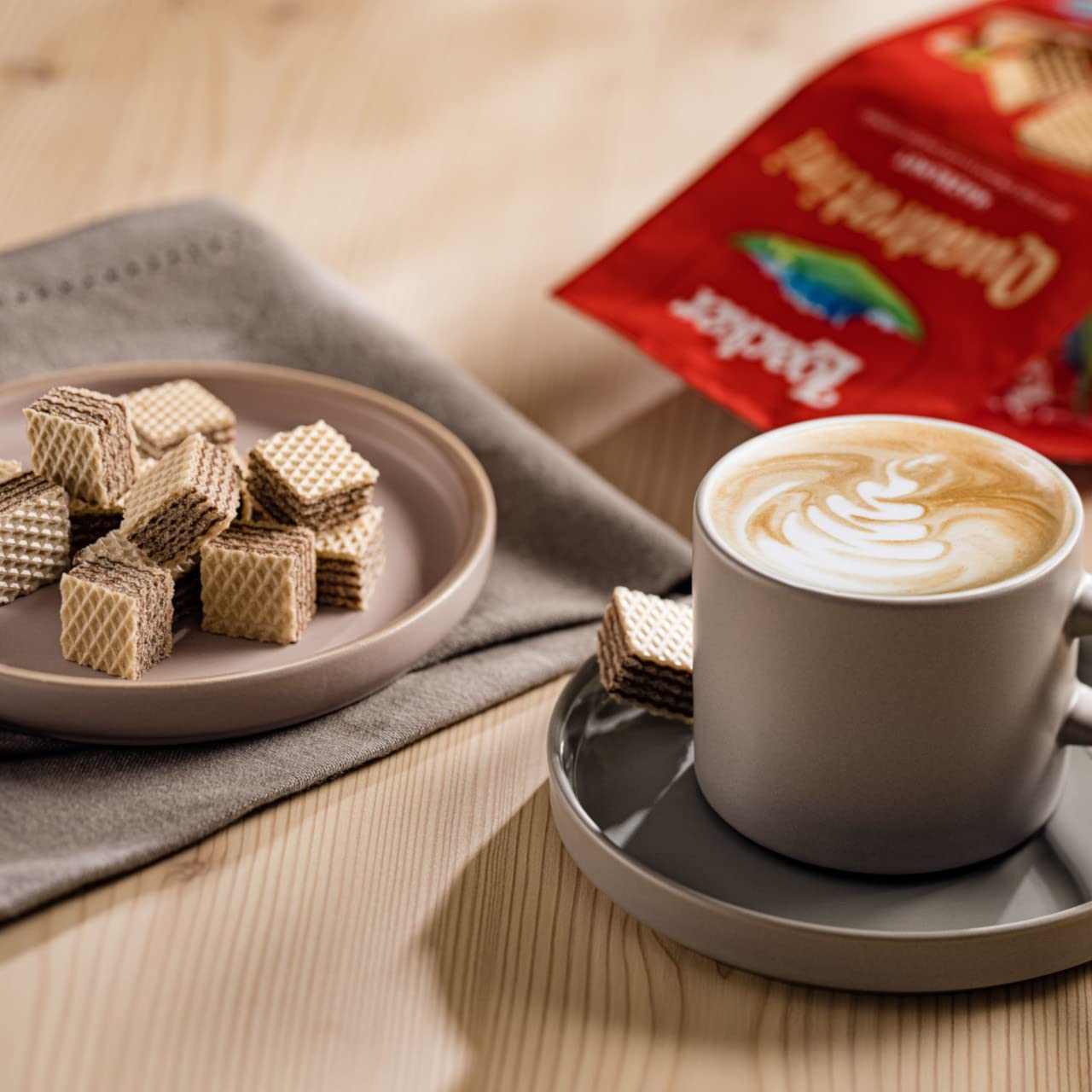 Loacker Quadratini Hazelnut wafers resealable pouch keeps snacks fresh.