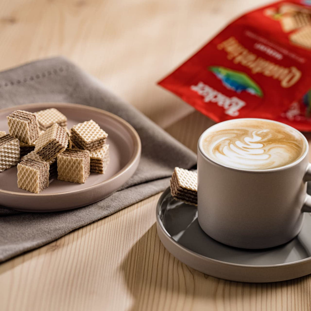 Loacker Quadratini Hazelnut wafers resealable pouch keeps snacks fresh.