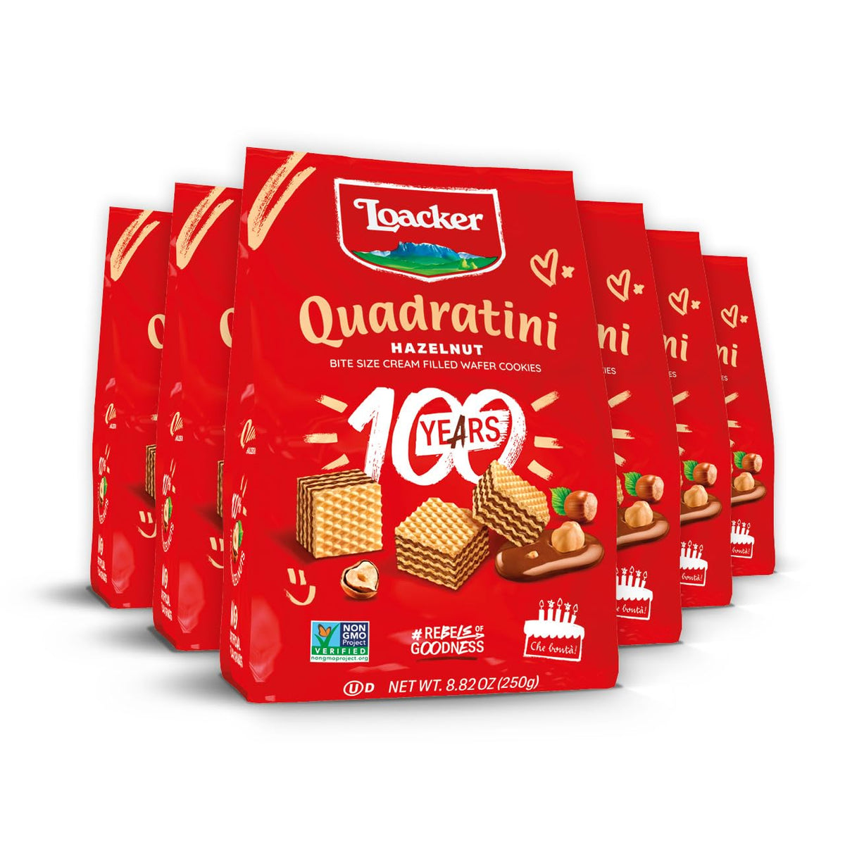 Loacker Quadratini Hazelnut wafers in large share bag, perfect for gatherings.