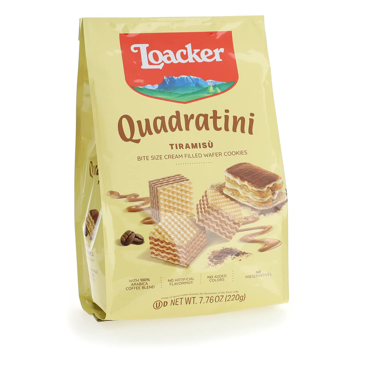 Loacker Quadratini Tiramisu wafer pack, inviting shareable Italian snack.