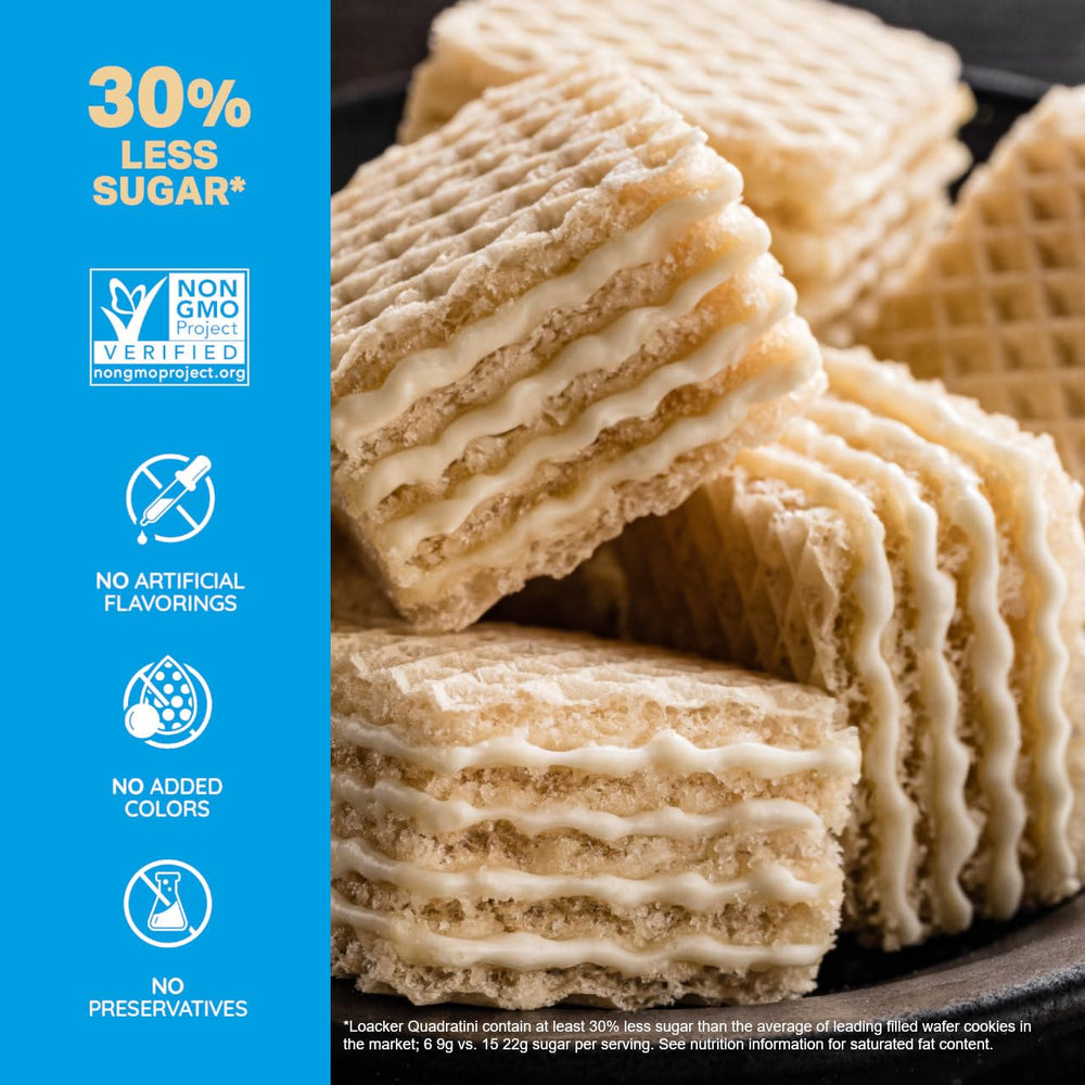 Loacker Quadratini Vanilla Wafer Cookies foil package showing portable snack simplicity.