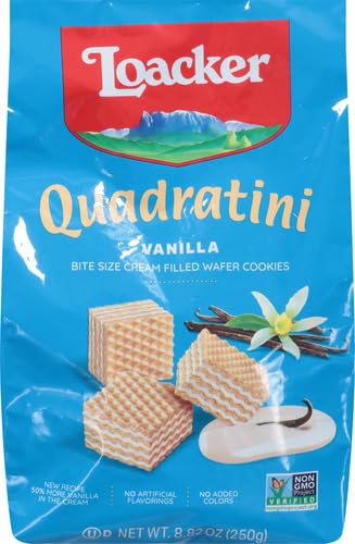 Loacker Quadratini Vanilla Wafer Cookies on a serving dish, ideal for sharing.