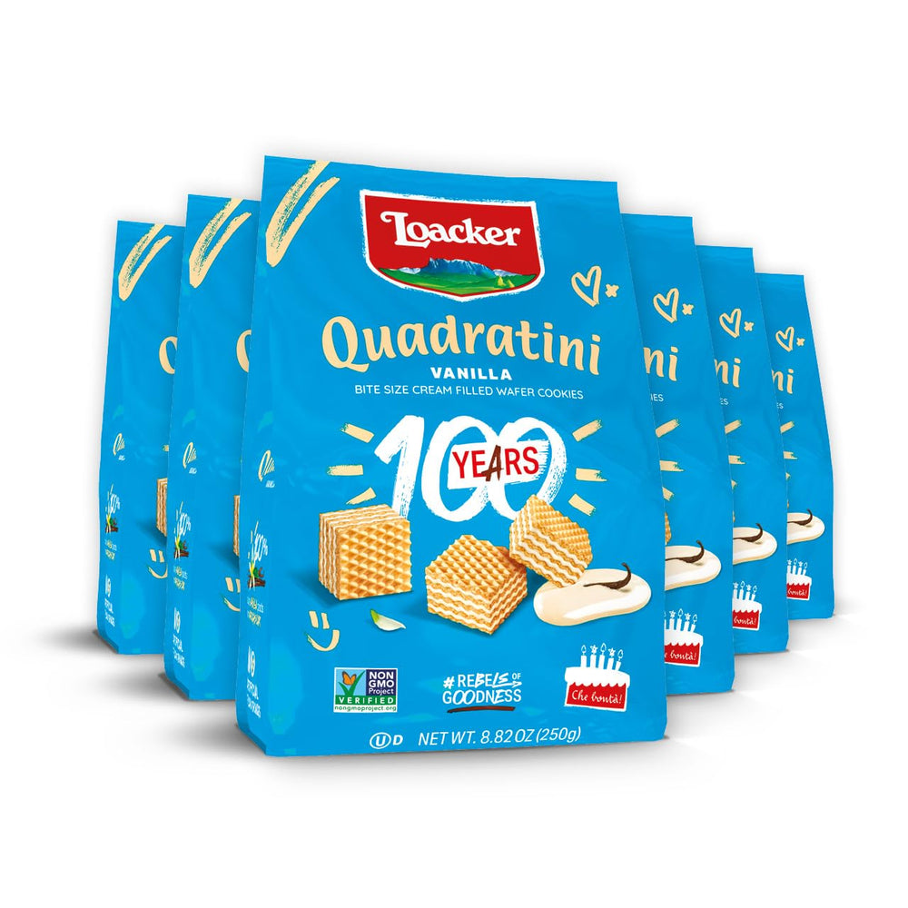 Loacker Quadratini vanilla wafers bag with resealable pouch ensuring freshness.
