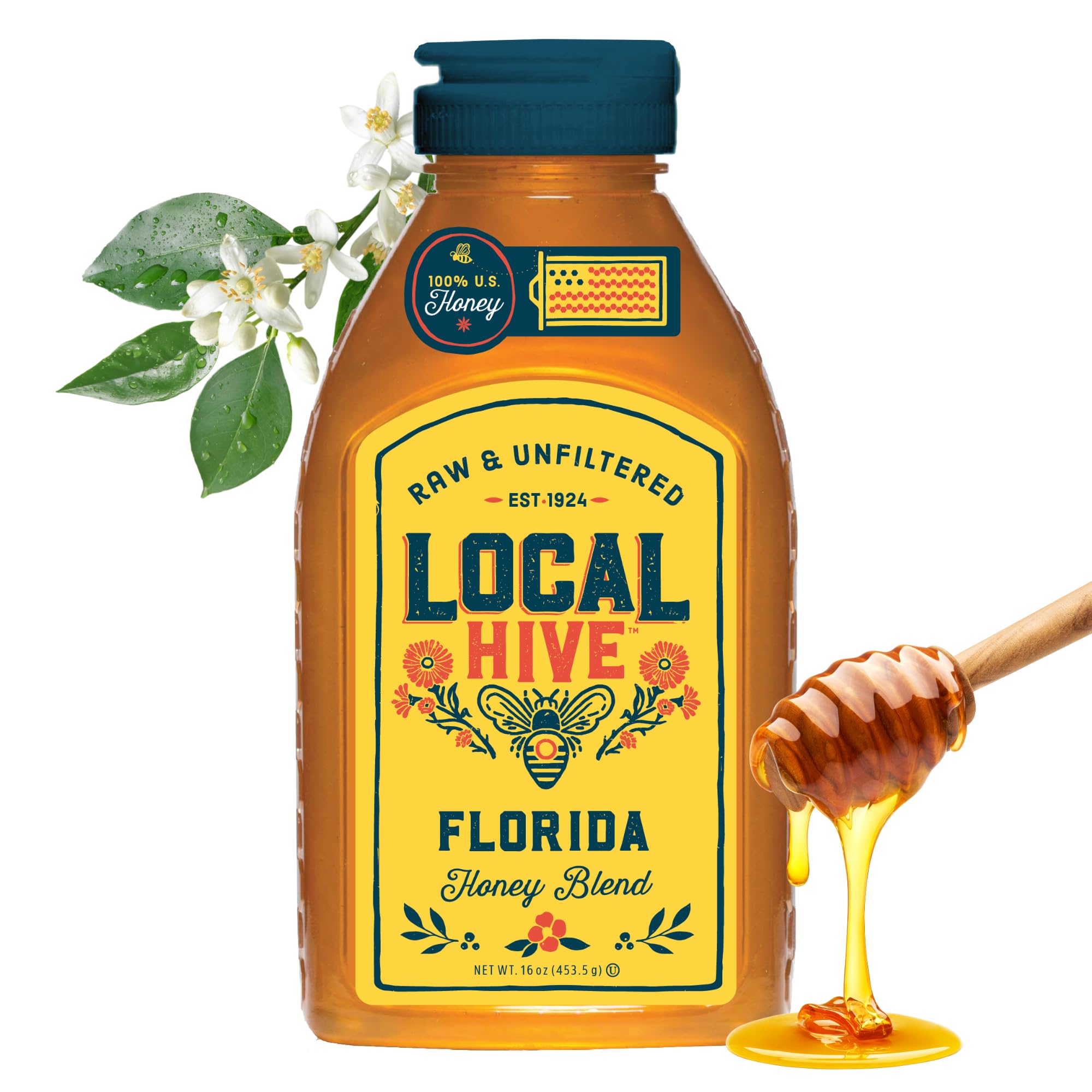 Local Hive Florida Honey bottle pour—pure sweetness perfect for tea and toast.