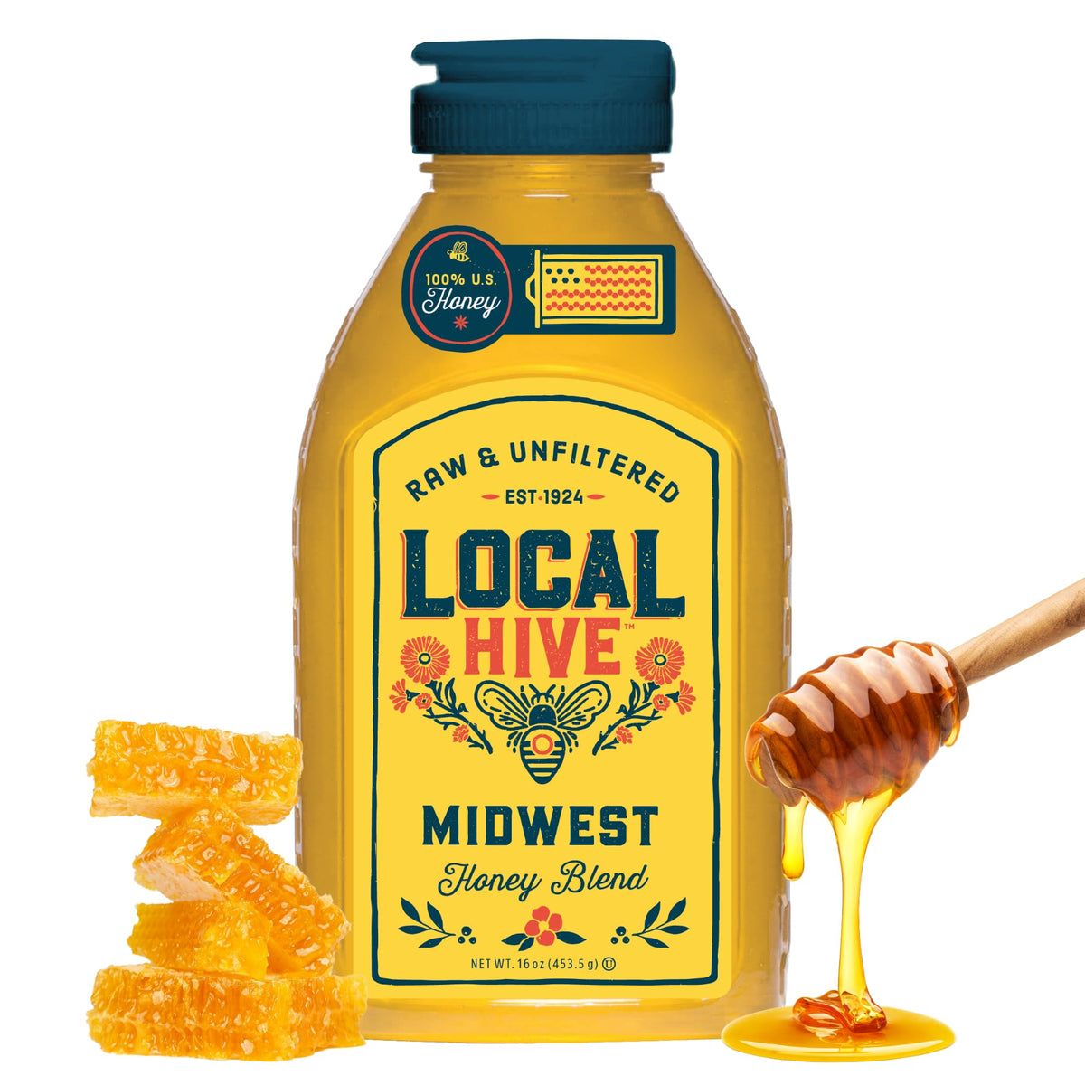 Local Hive Midwest honey bottle on table, light refreshing sweetness.