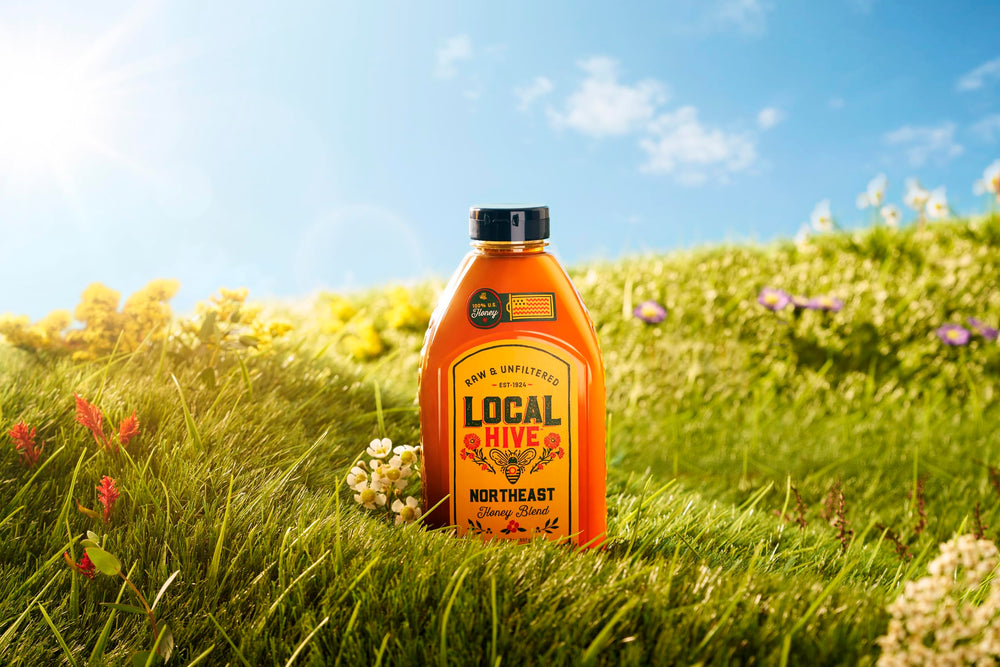 Local Hive Northeast Honey label detail highlights raw, unfiltered quality.