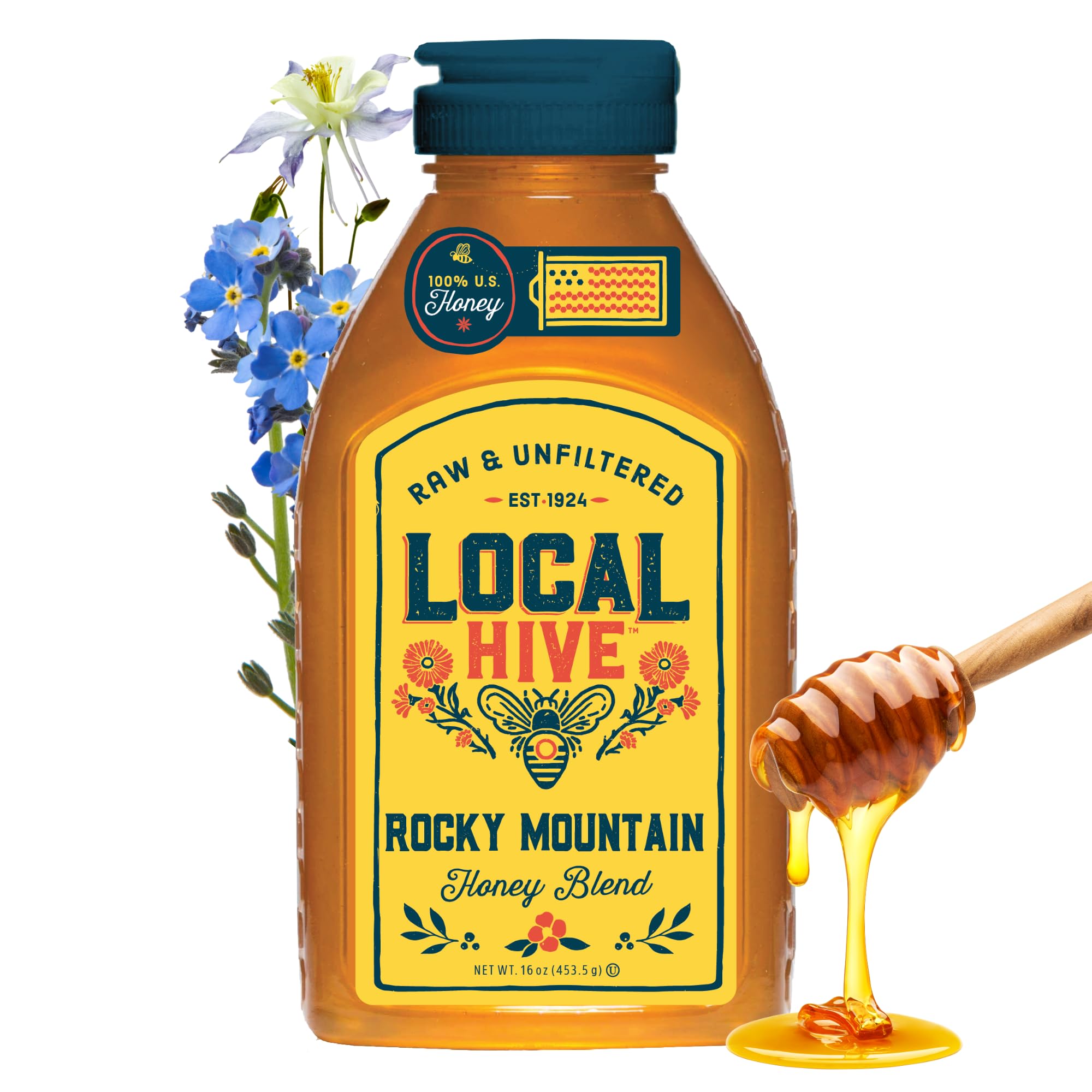 Local Hive Rocky Mountain Raw Honey bottle shows amber color for everyday sweetness.