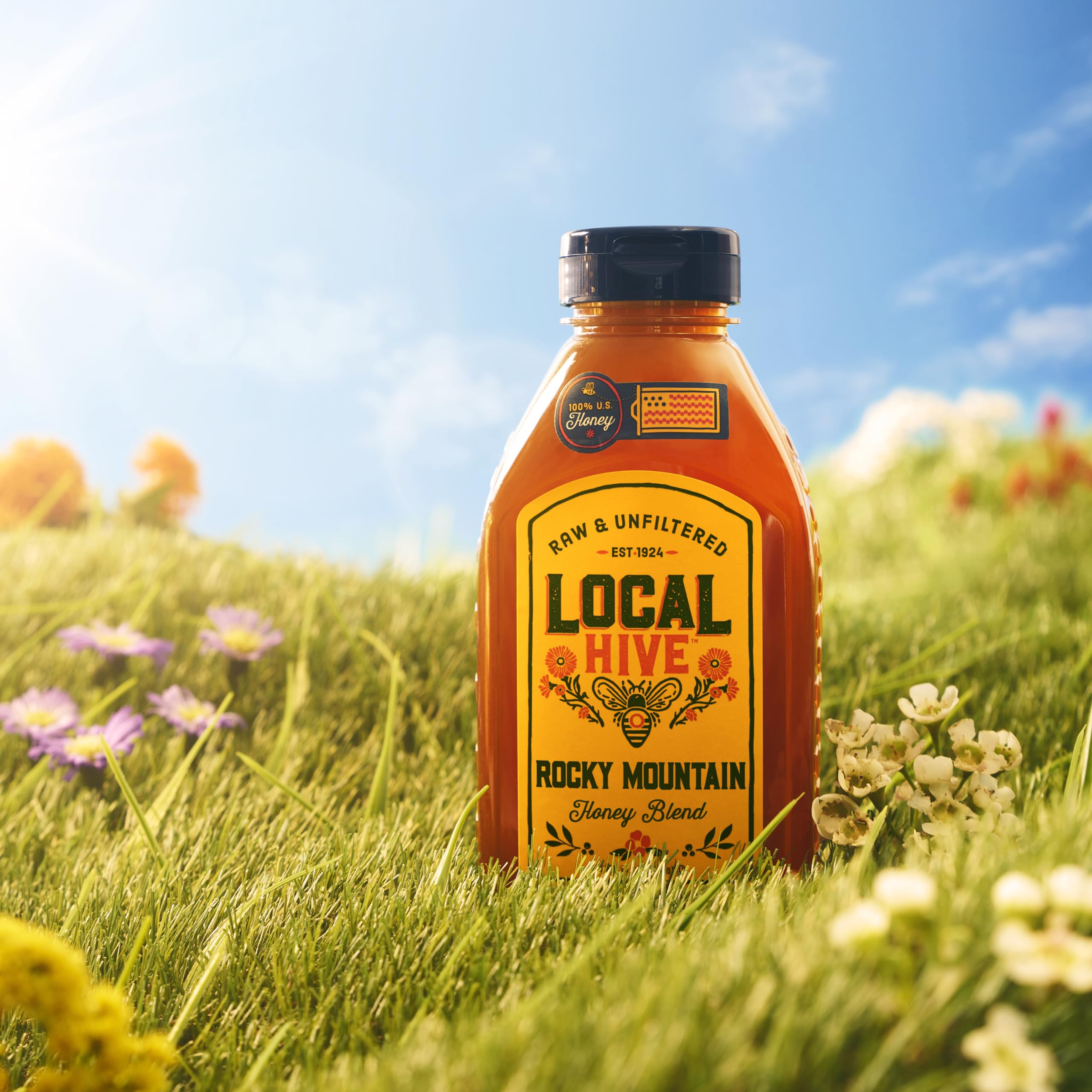 Local Hive Rocky Mountain Raw Honey jar highlights natural texture and color.