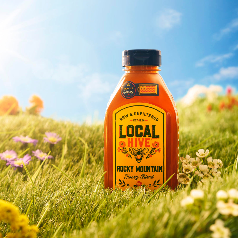 Local Hive Rocky Mountain Raw Honey jar highlights natural texture and color.