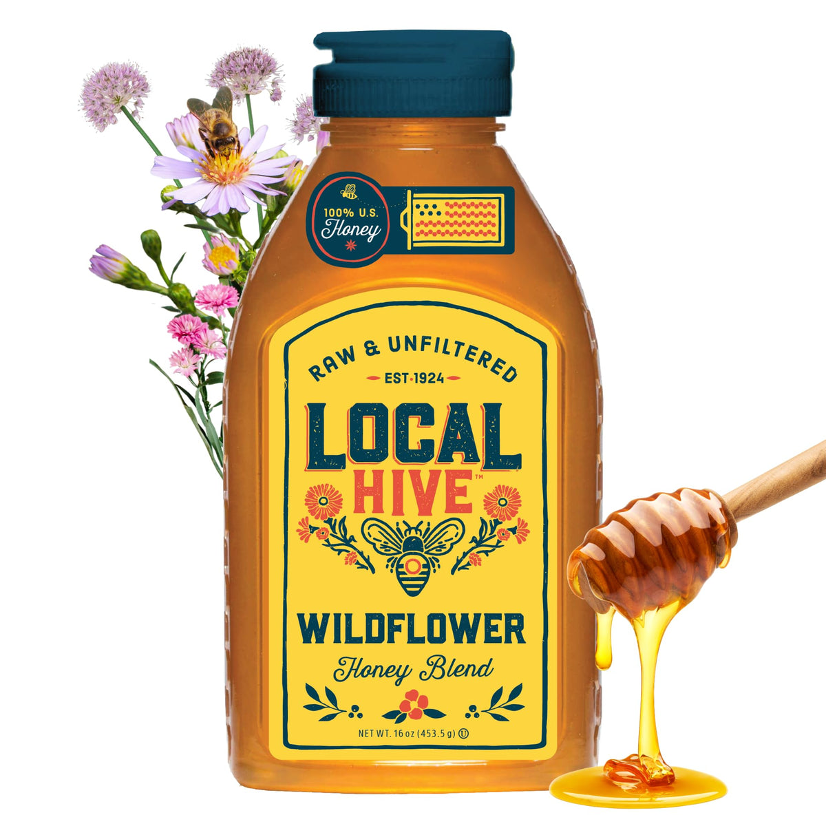 Local Hive Wildflower Honey bottle front, rich color, ideal for tea sweetness.