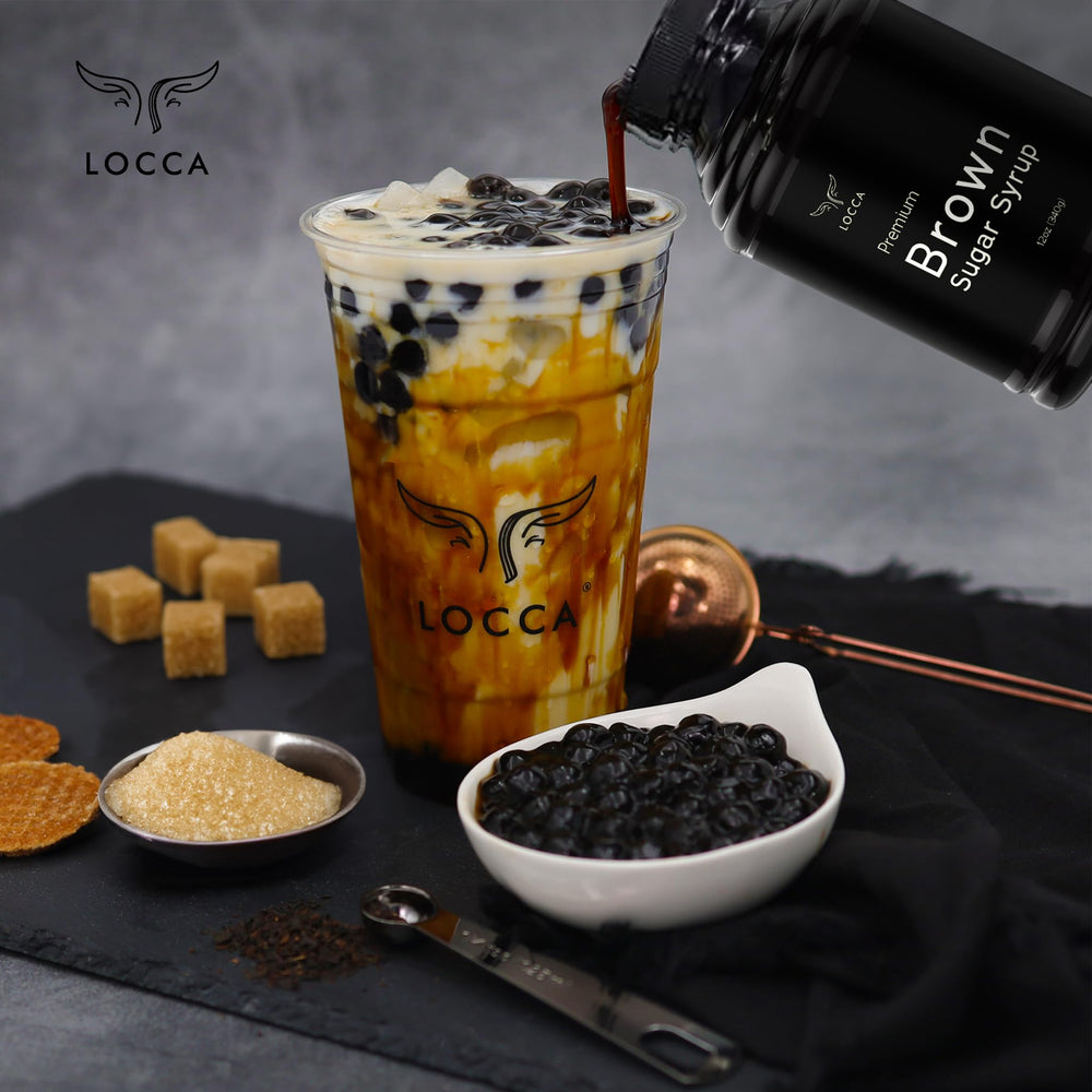 Locca Brown Sugar Syrup in a coffee glass with bold caramel notes