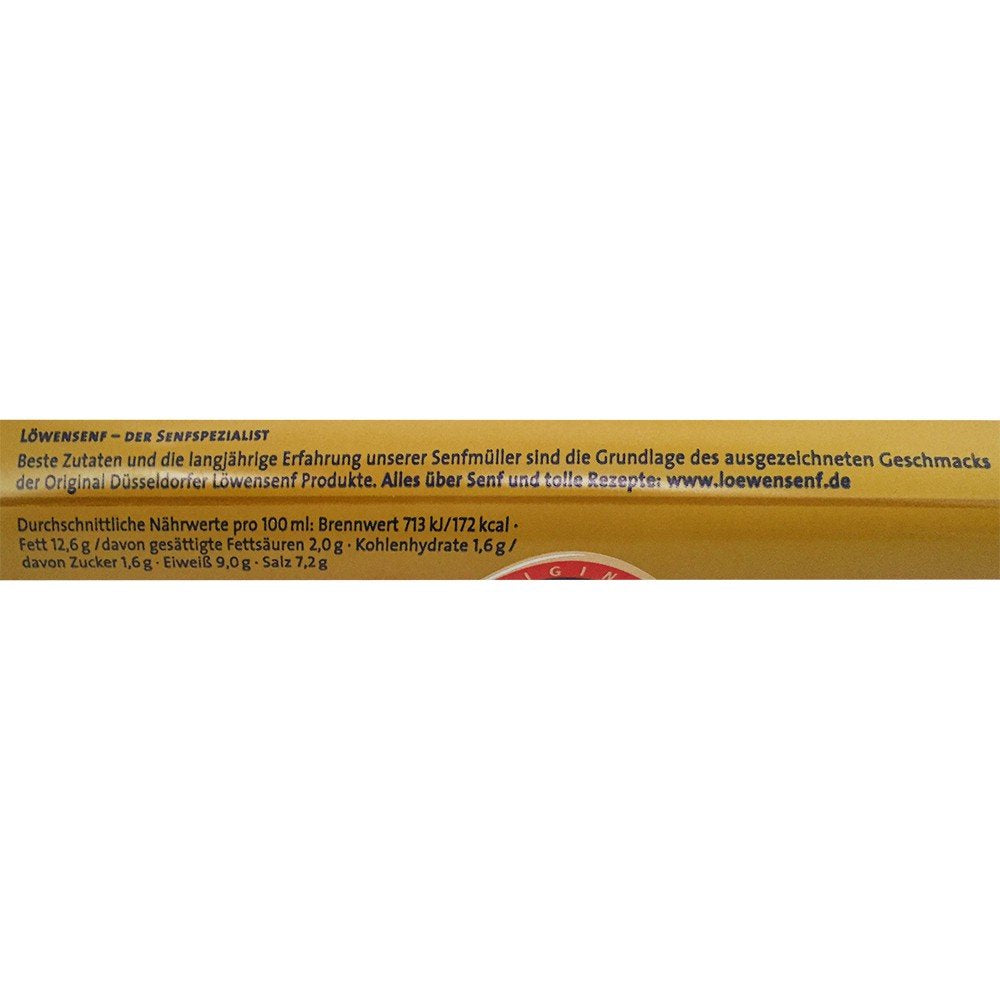 Löwensenf brand label close-up on the tube, premium German mustard.