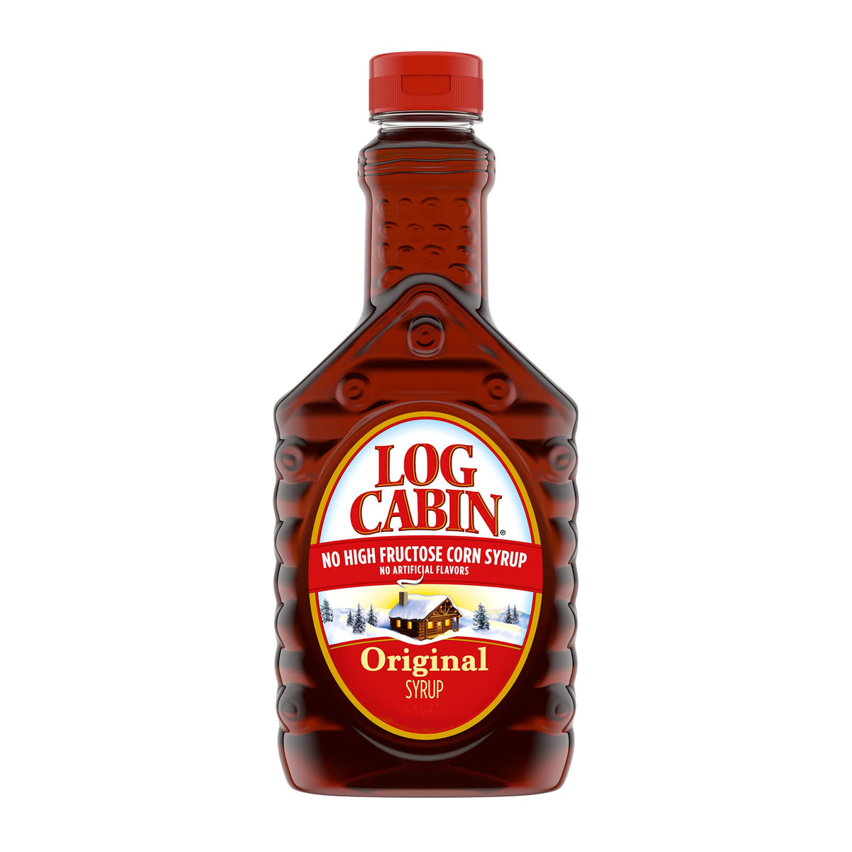 Log Cabin Original Pancake Syrup bottle with easy-to-squeeze design for quick topping.