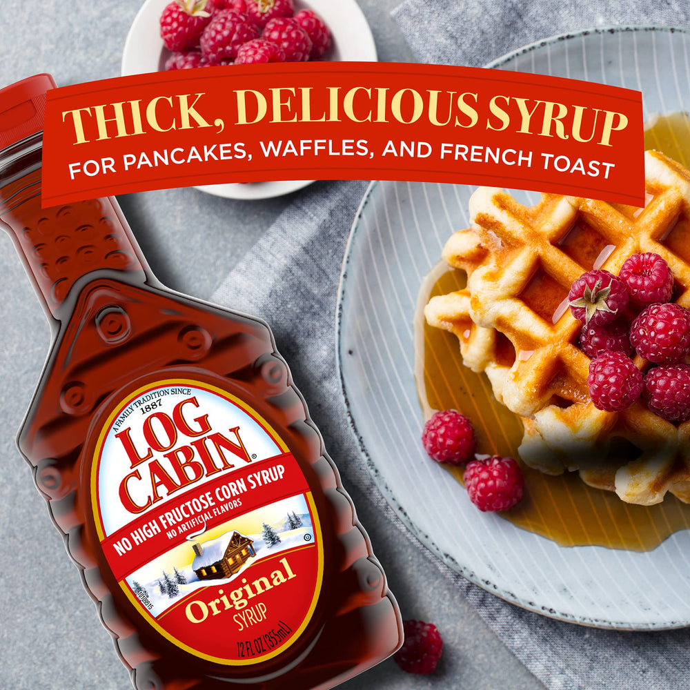 Pancakes stacked with Log Cabin syrup drizzle highlighting rich maple color.
