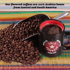 Lola Savannah pecan coffee being poured into a mug releasing aroma