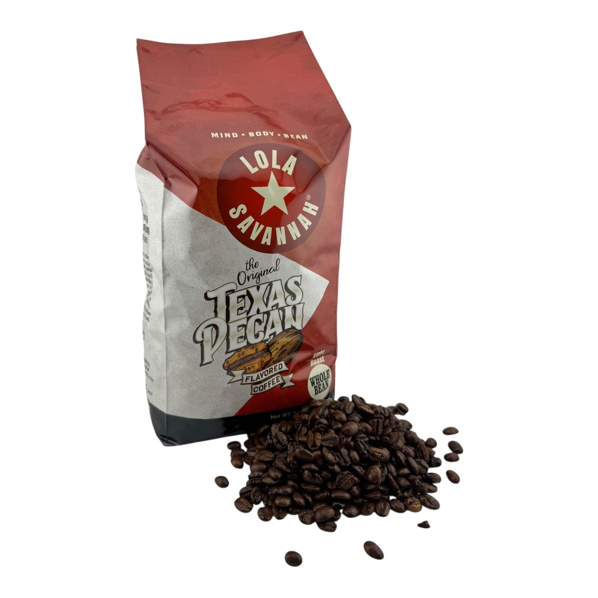 Lola Savannah Texas Pecan Coffee bag showing bold flavor in premium whole beans