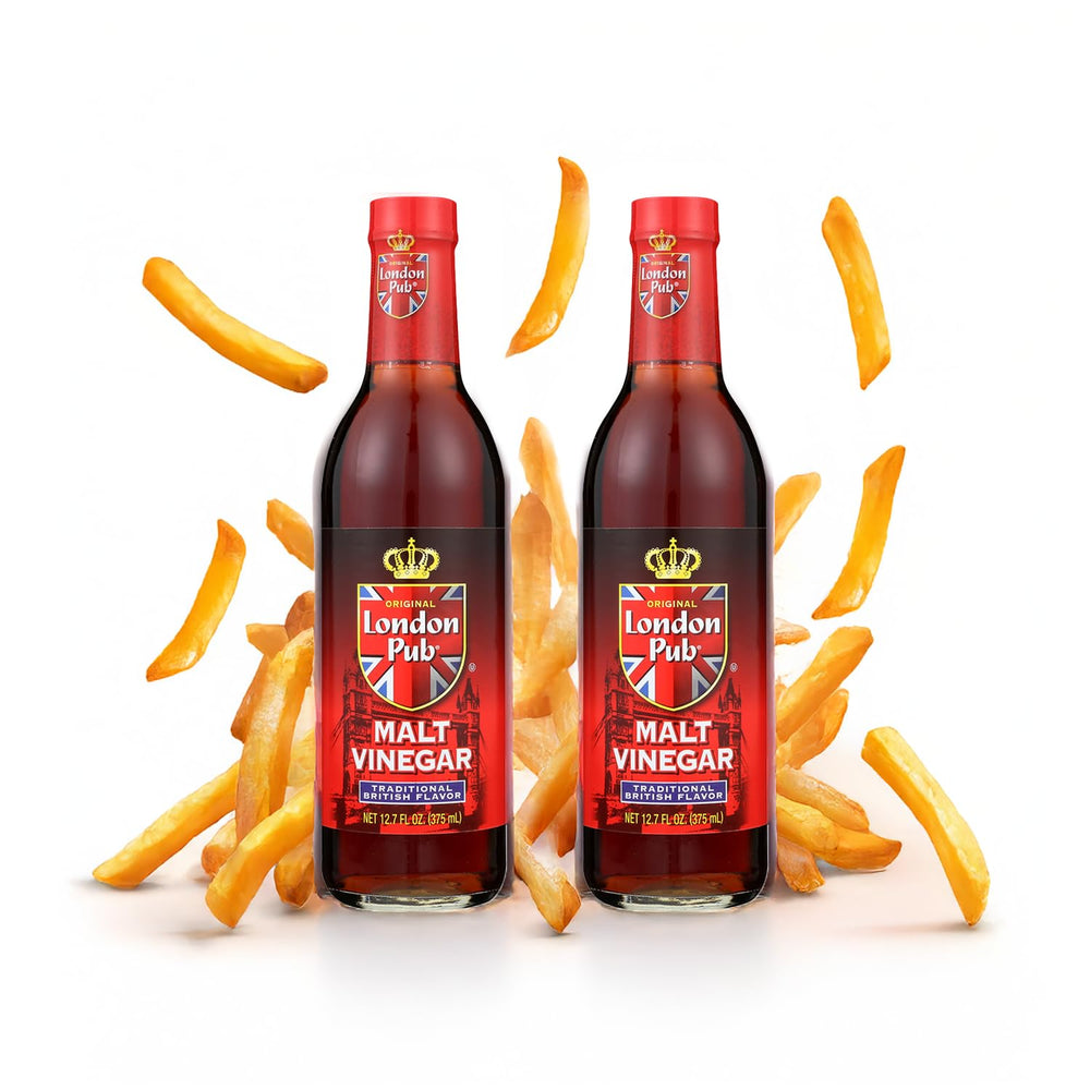 London Pub Malt Vinegar bottle enhances traditional fish and chips with tangy depth.