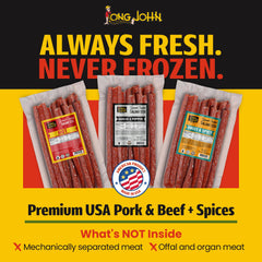 Long John Snacks dried salami stick held in hand, a convenient portable protein option.