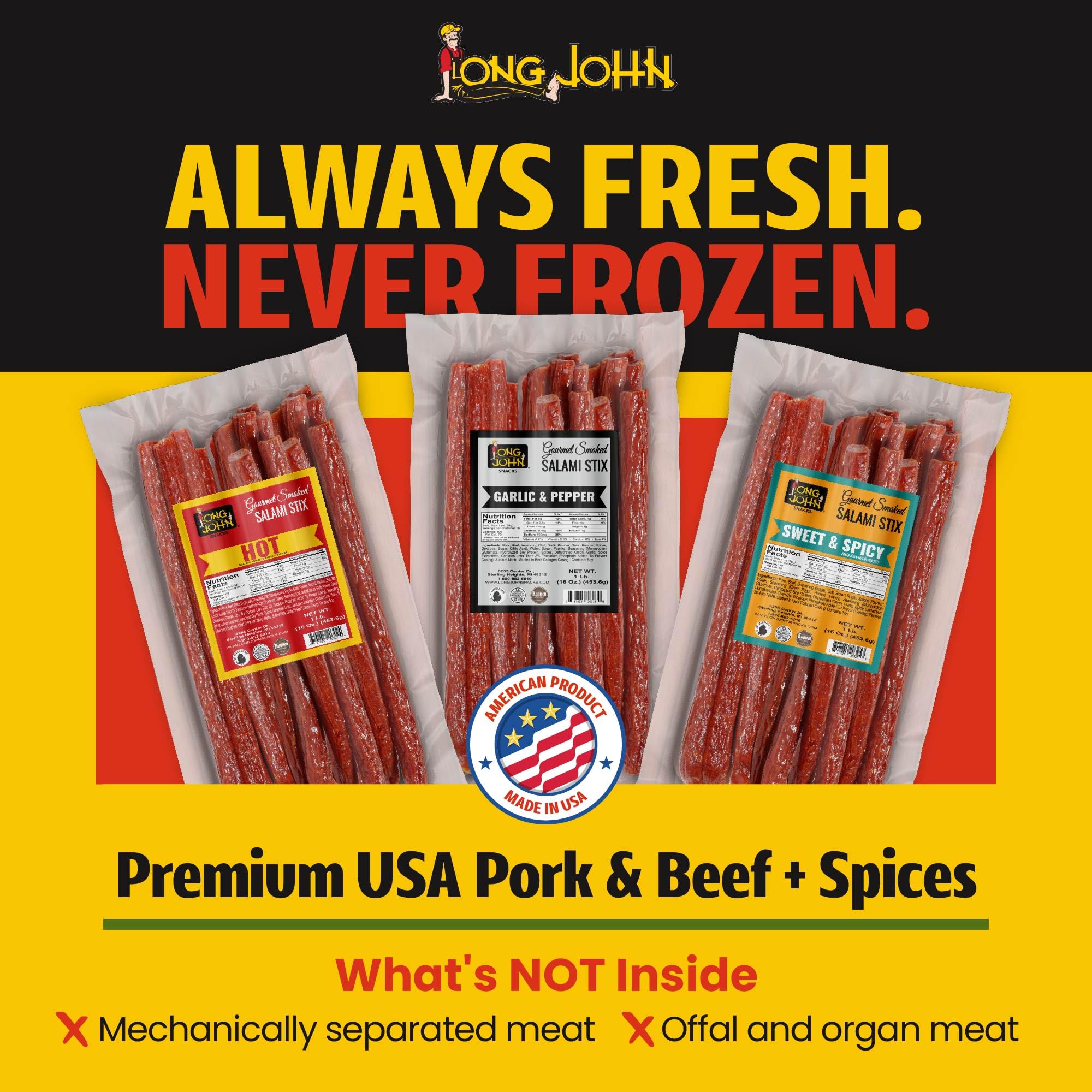 Long John Snacks fresh USA meat label on sticks, premium texture.