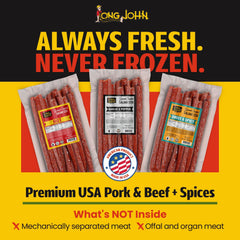 Long John Snacks fresh USA meat label on sticks, premium texture.