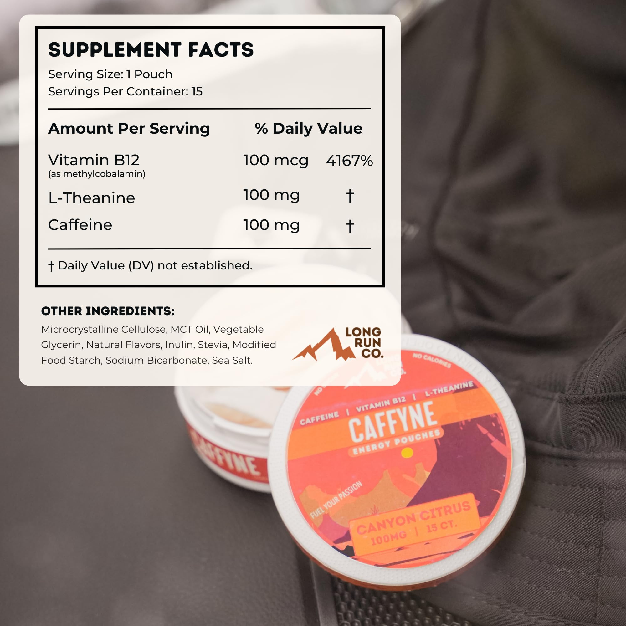 Packaging close-up showing Caffyne Energy pouch label and benefits.
