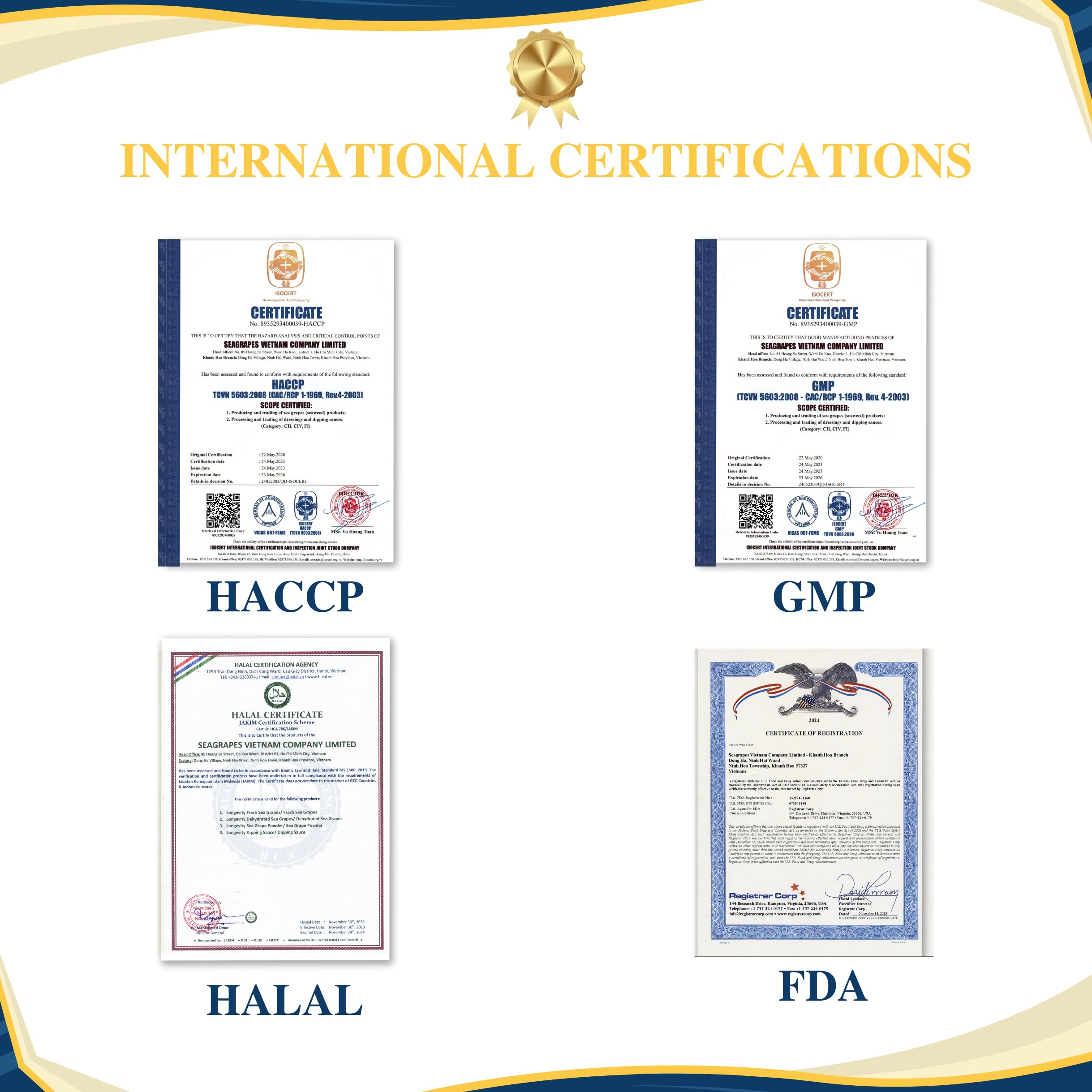 Award seal and Vietnam origin of Longevity Sea Grapes