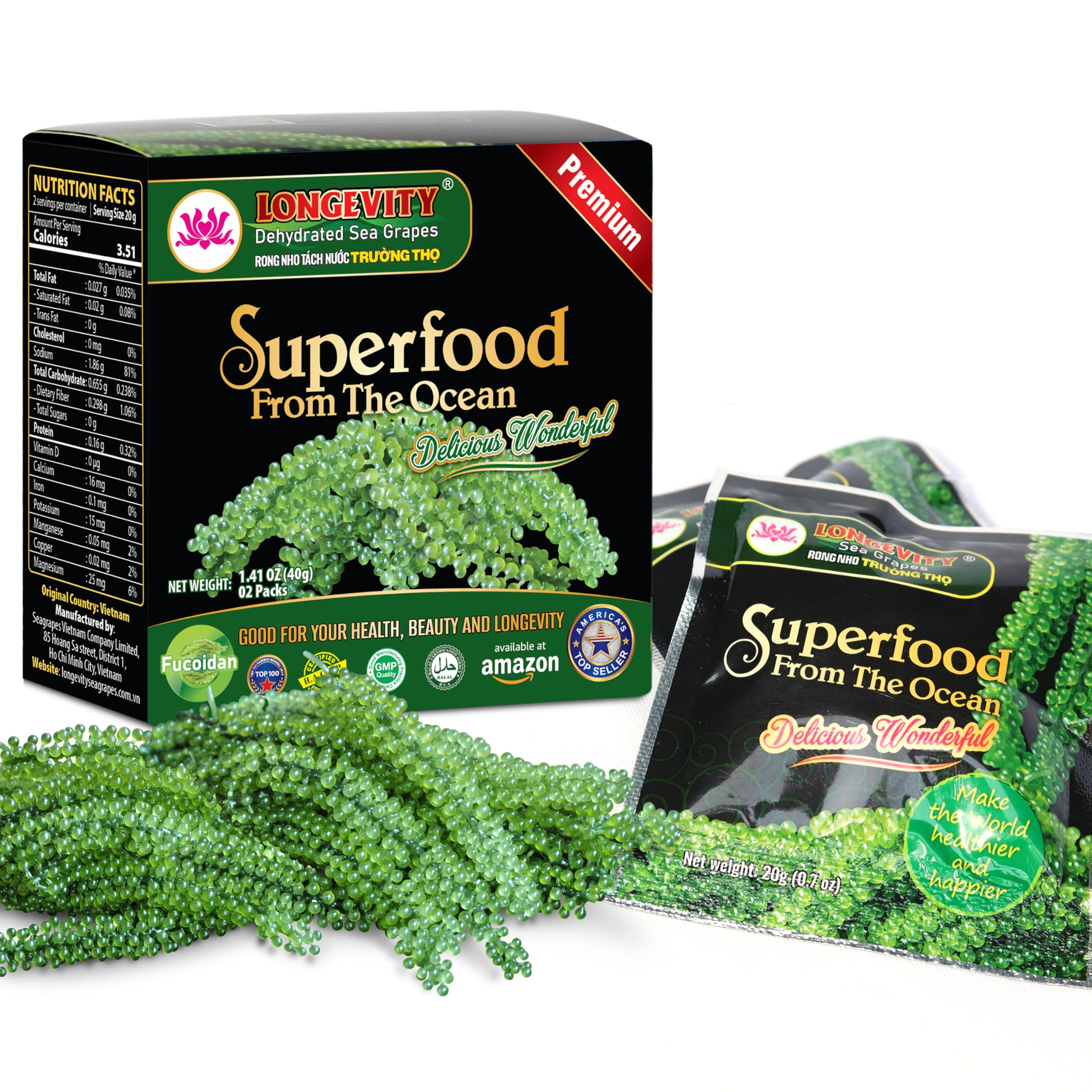 Longevity Sea Grapes twin-pack display, convenient two 1.4 oz portions for on-the-go snacking.