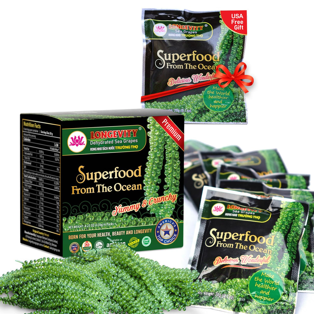 Longevity Sea Grapes packaging in a six-pack bundle for convenient snacking
