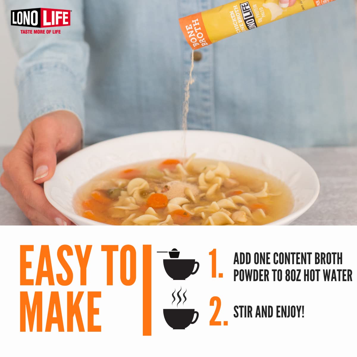 LonoLife ready-to-mix broth in a mug for satisfying warmth anywhere.