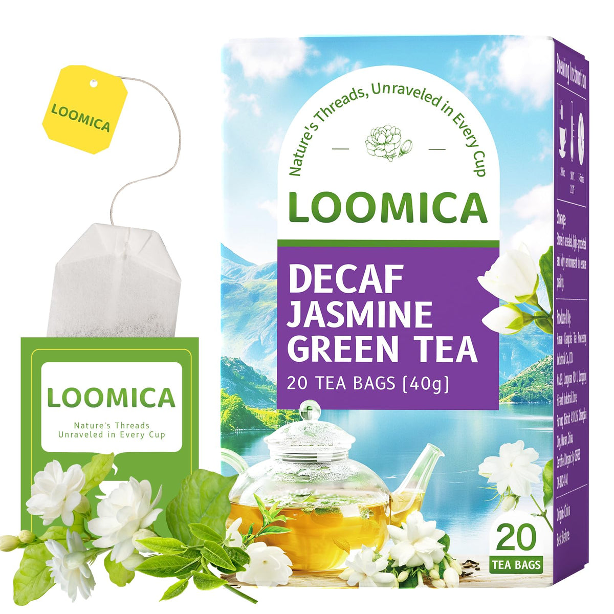Loomica Decaf Jasmine Green Tea bag steeping in hot water for a calming afternoon ritual.