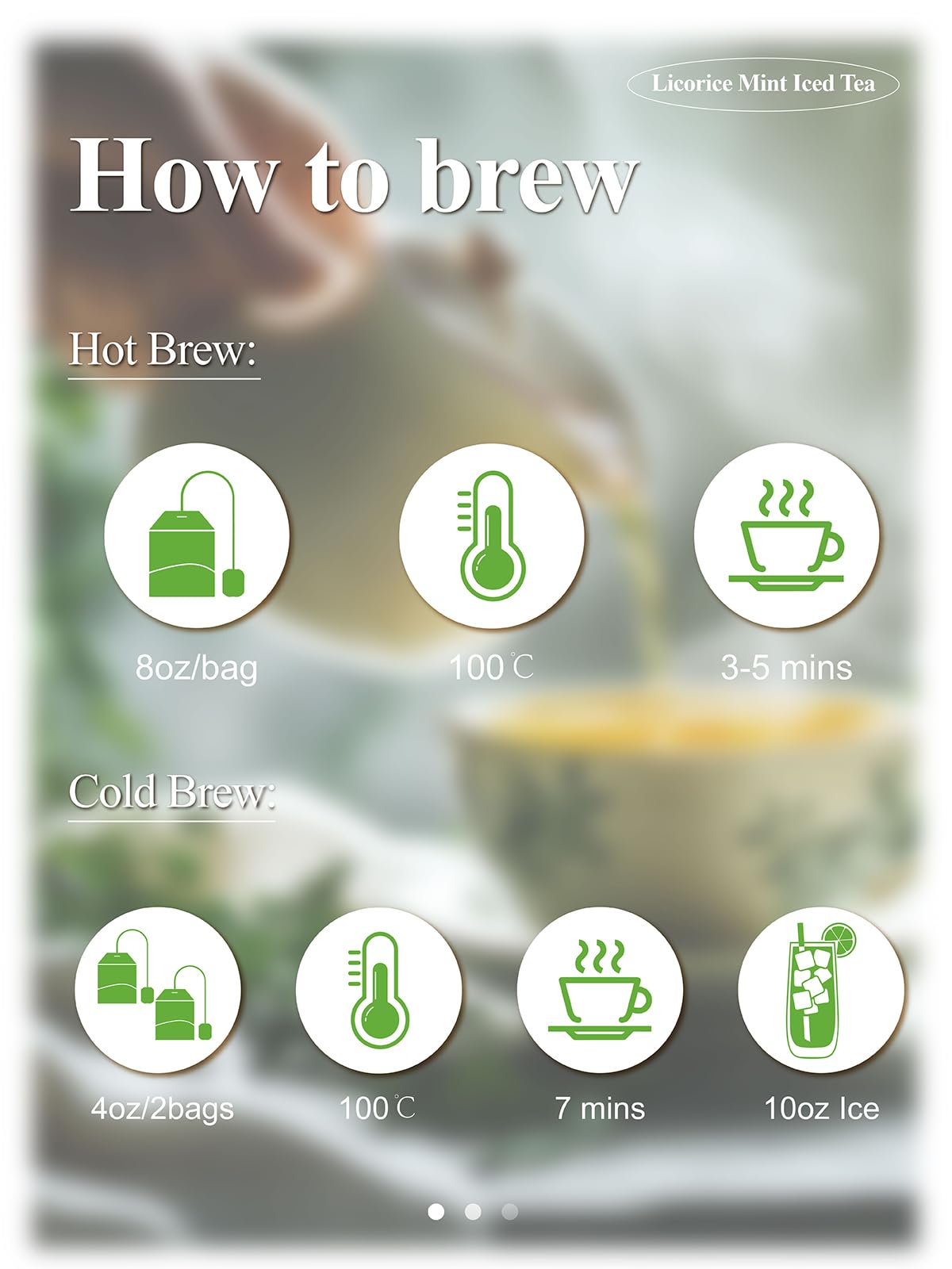 Brewed cup of Loomica Decaf Jasmine Green Tea with clear amber color.