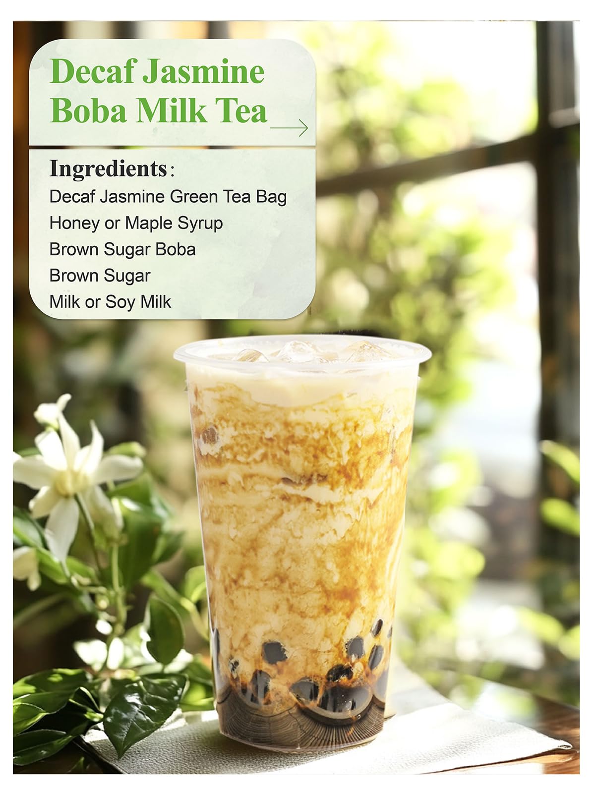 Iced version of Loomica Decaf Jasmine Green Tea over ice and lemon.