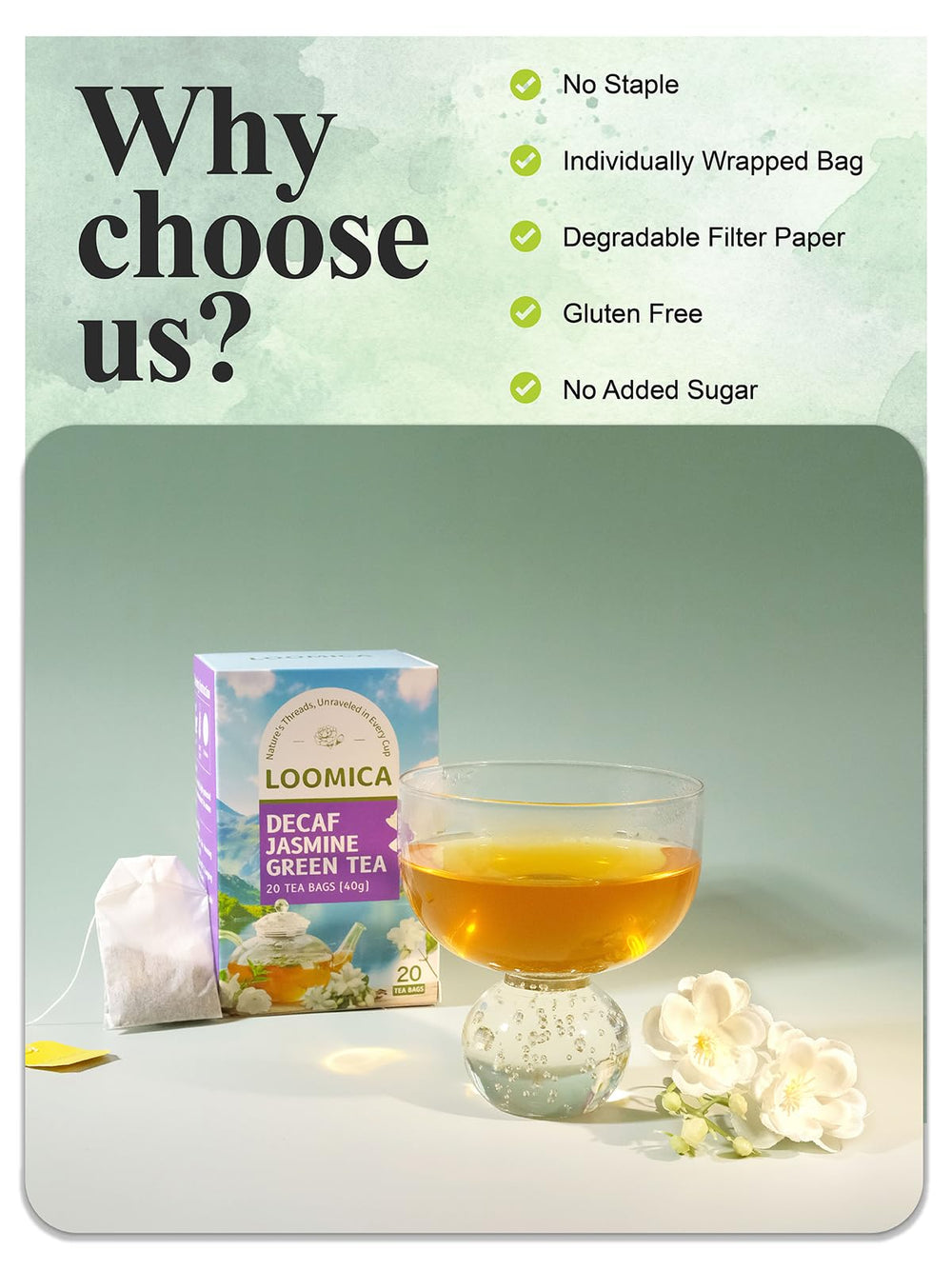 Loomica Decaf Jasmine Green Tea bag steeping in cup yields mellow, refreshing flavor.
