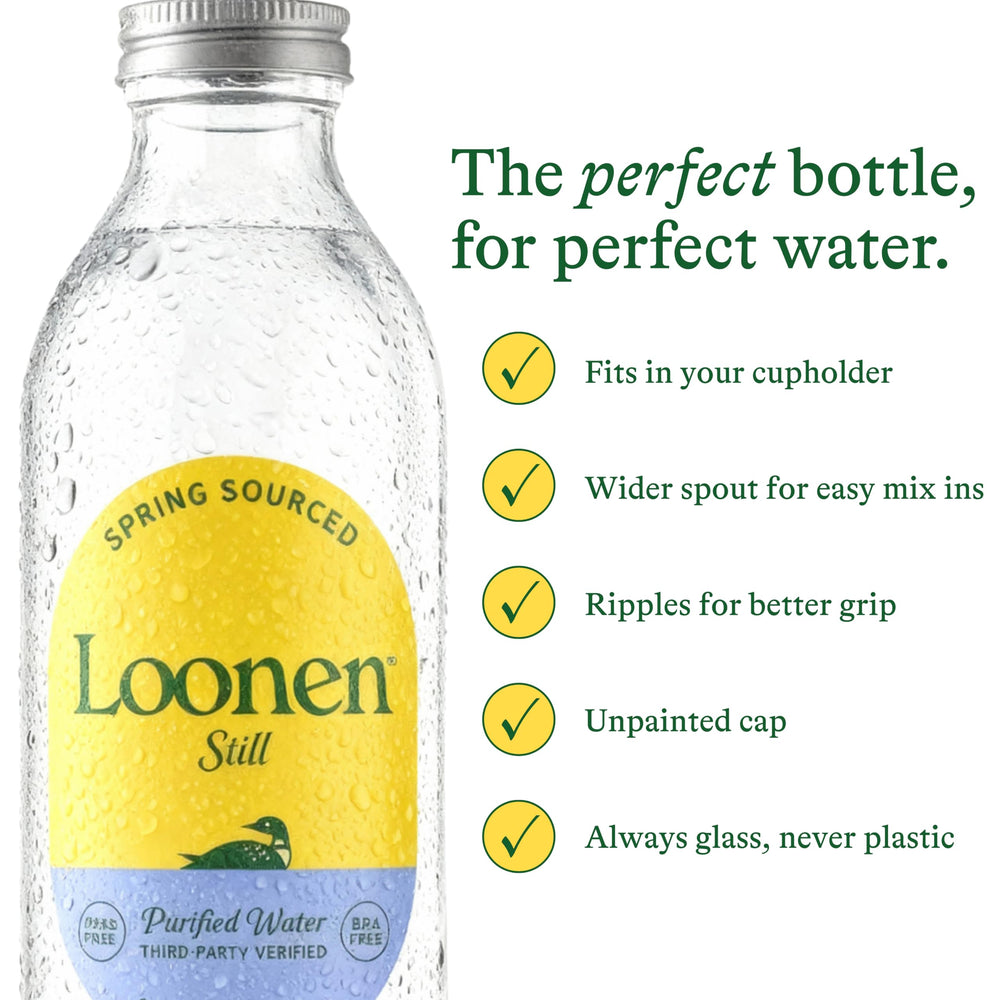 Loonen 750mL bottle fits car cup holders for on-the-go hydration.