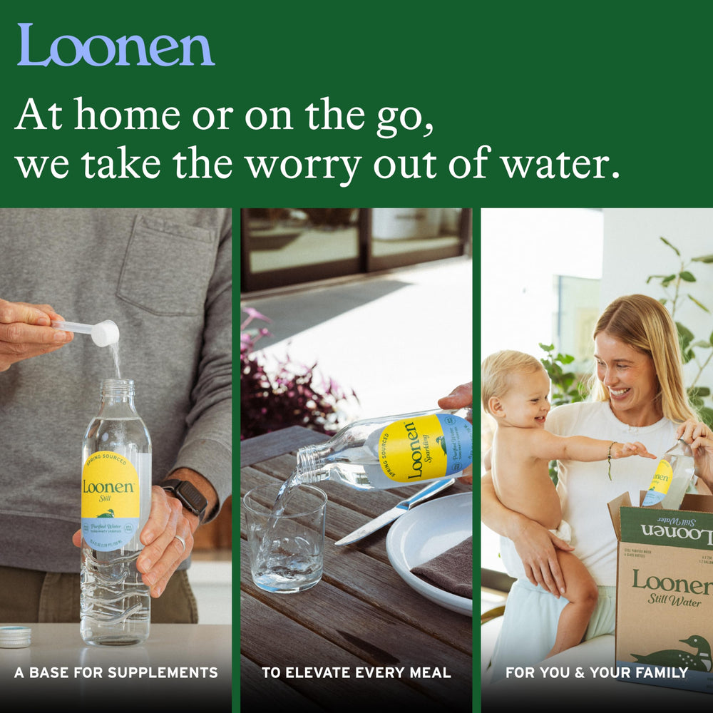 Loonen recyclable glass pack supporting plastic-free hydration.