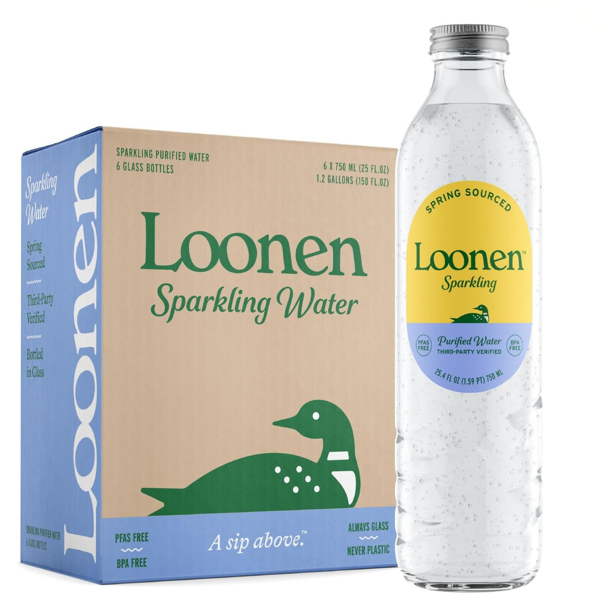 Loonen sparkling water in glass bottle, spring-sourced hydration for clean taste