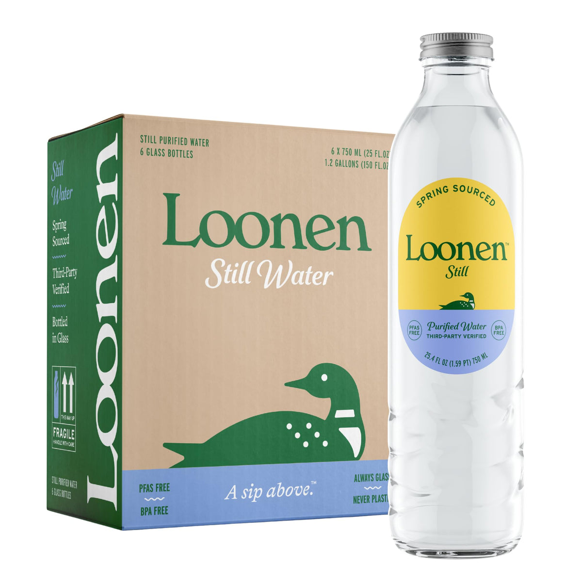 Loonen Still glass bottle of spring water for pure hydration.