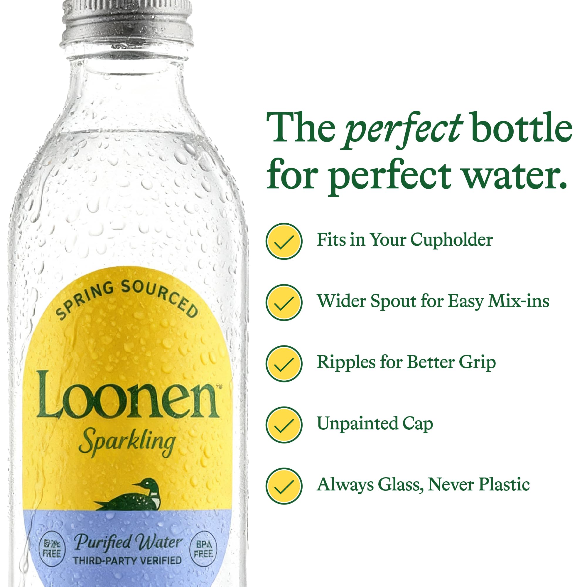 Loonen glass bottle with unpainted cap reduces contact materials