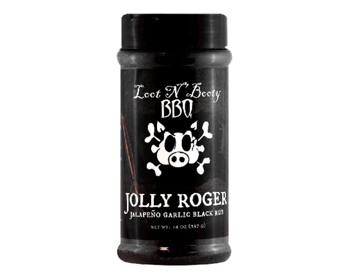 Loot N' Booty Jolly Roger Jalapeño Garlic Black Rub bottle boosts bold crusts on grilled meats.