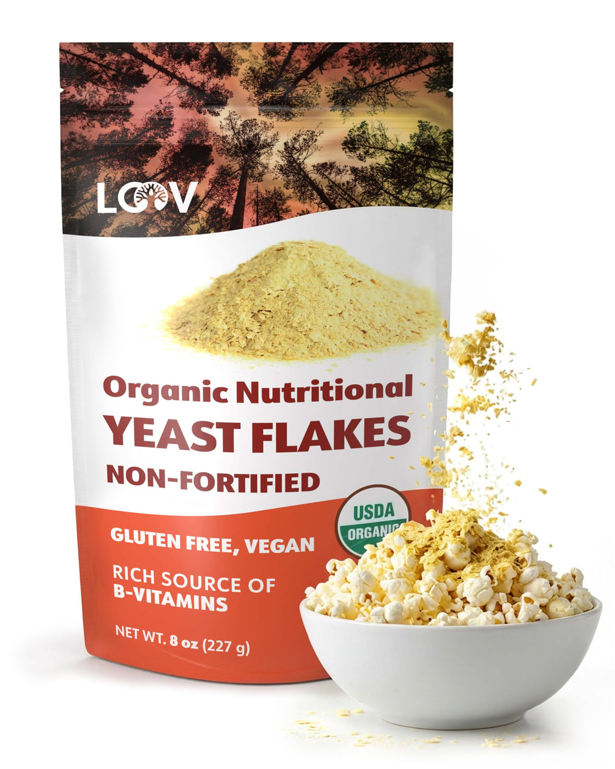 LOOV Nutritional Yeast Flakes in a jar showing natural, savory flavor and packaging.