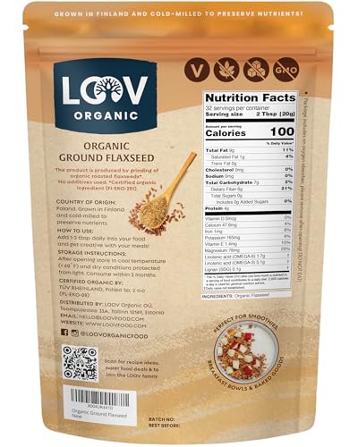 LOOV flaxseed serving showing 6g fiber per serving.