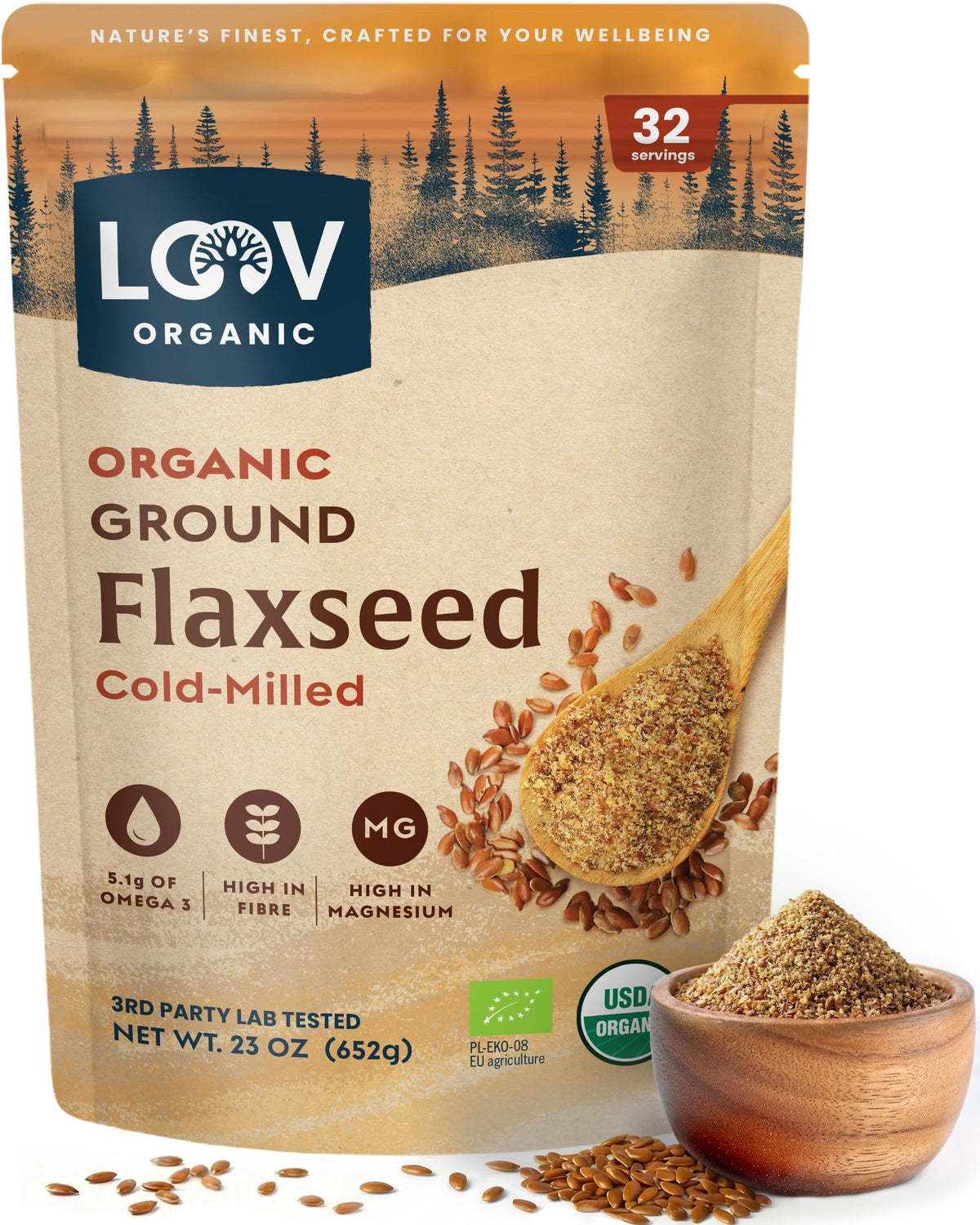 LOOV organic ground flaxseed in resealable pouch highlighting cold-milled freshness.
