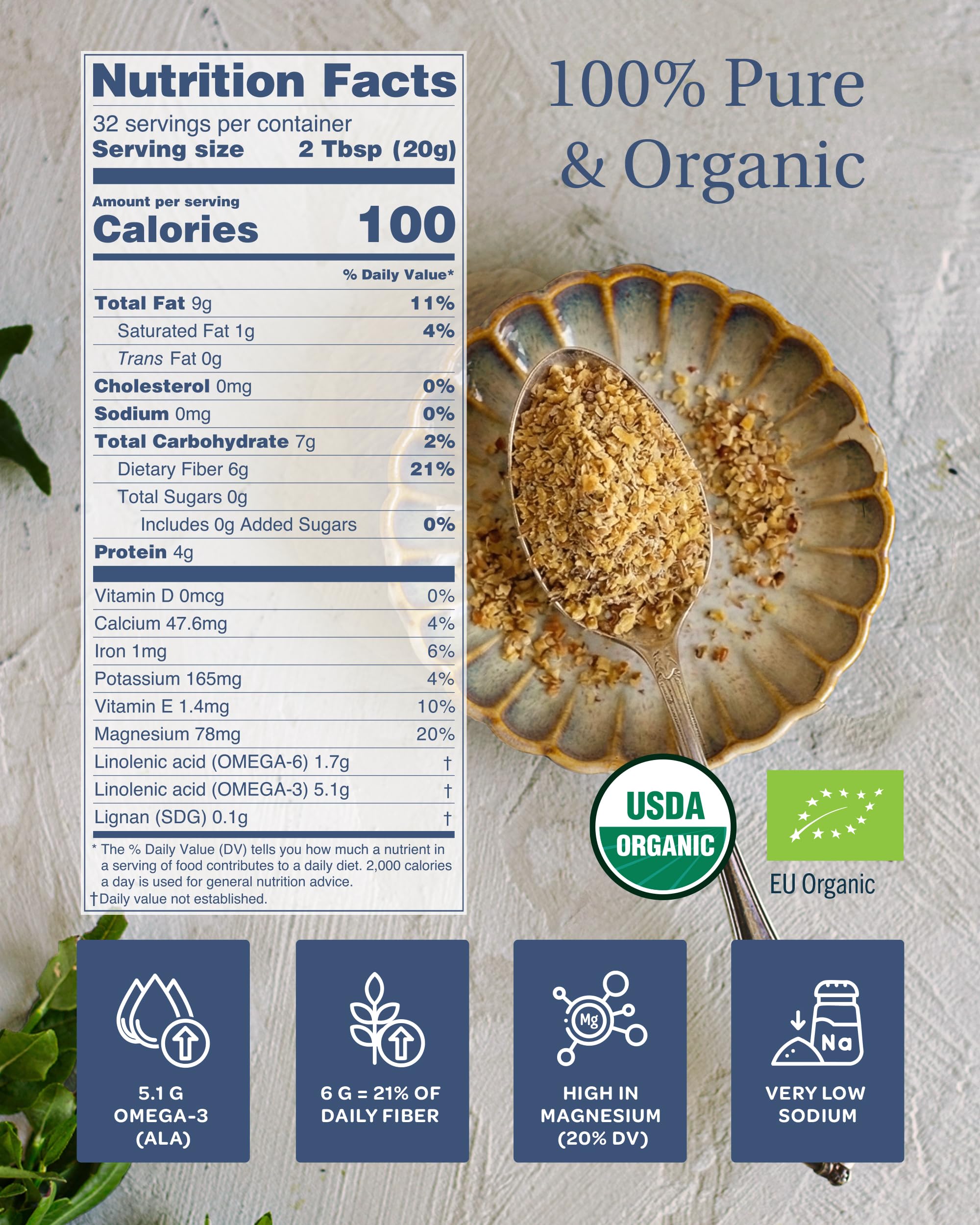 LOOV flaxseed with omega-3 ALA per serving for plant nutrition.